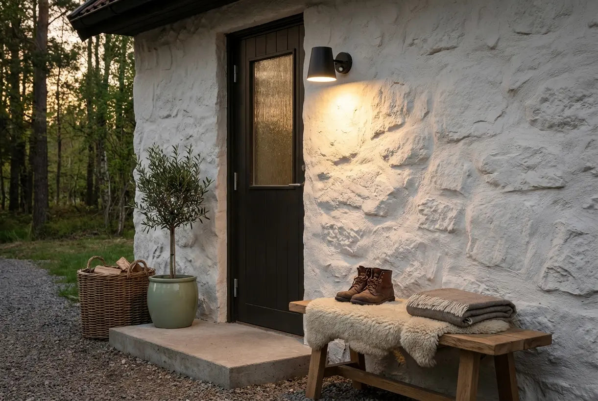 Scandinavische entree in de schemering met wandlamp met bewegingssensor die automatische beveiligingsverlichting biedt