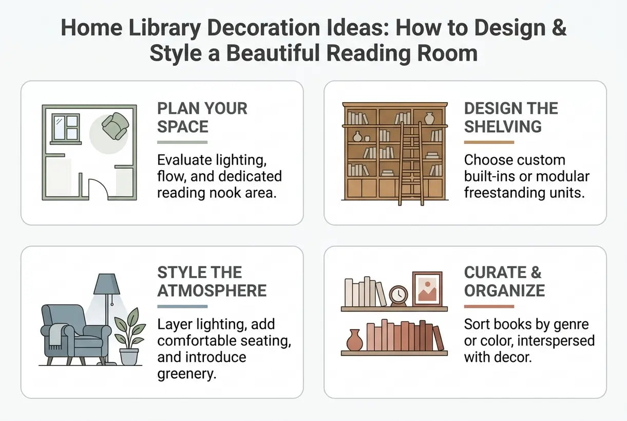 Home Library Decoration Ideas: How to Design & Style a Beautiful Reading Room - infographic