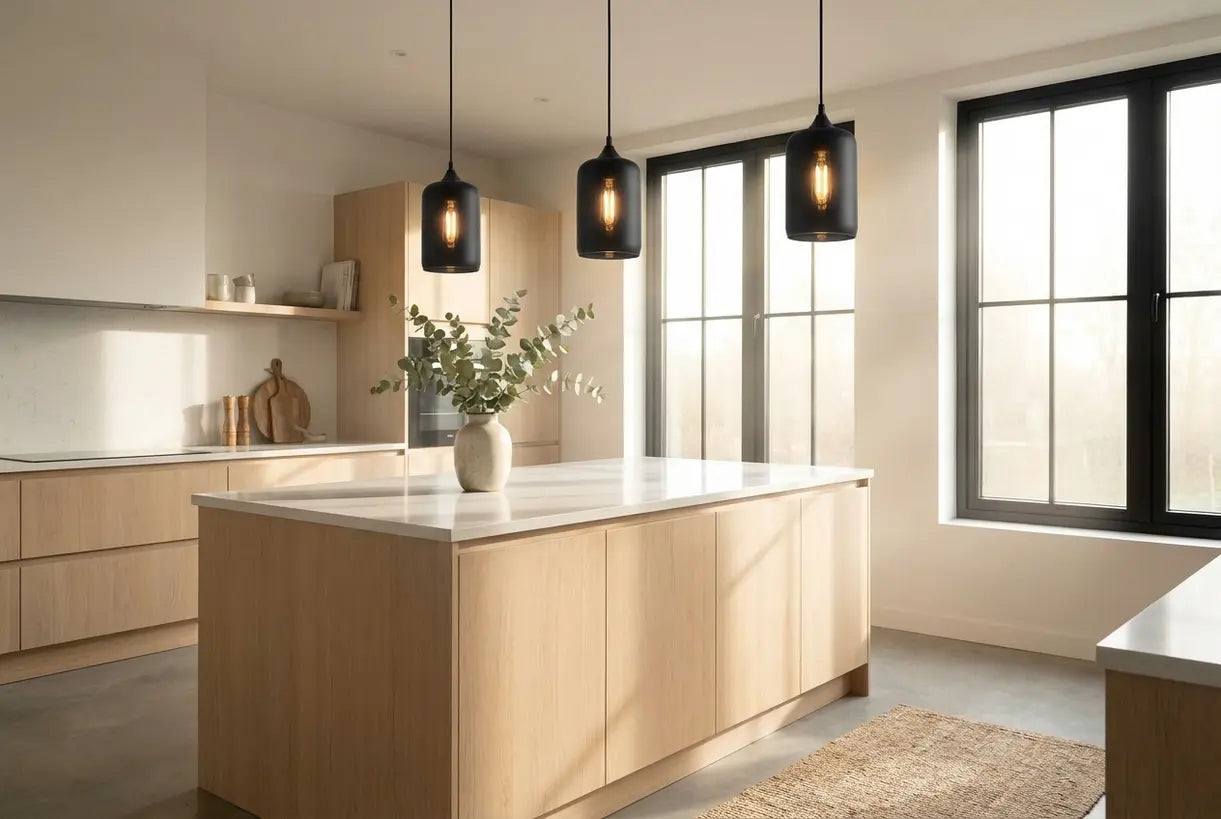 Kitchen island with three matte black LED pendant lights