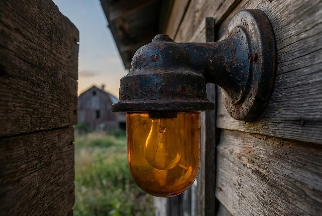 Weathered cast iron outdoor barn lamp met amber glass detail