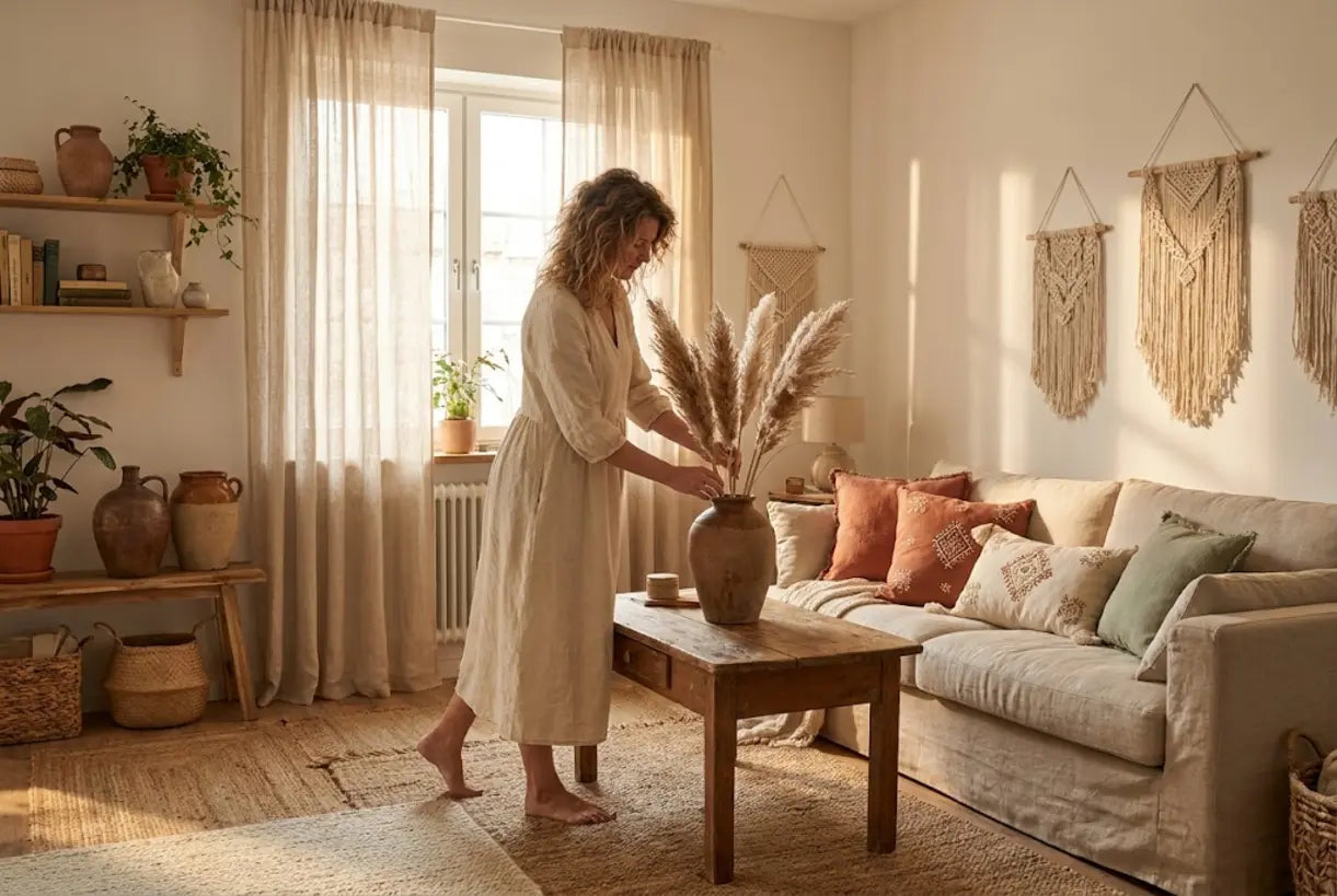 Boho chic living room with layered textiles, woven decor, and natural materials creating relaxed ambiance