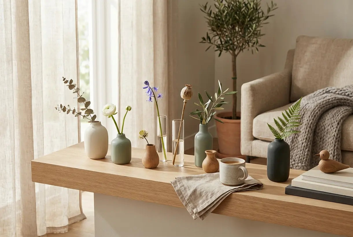 Scandinavische plank gestyled met een collectie kleine knopvaasjes met subtiele bloemaccenten
