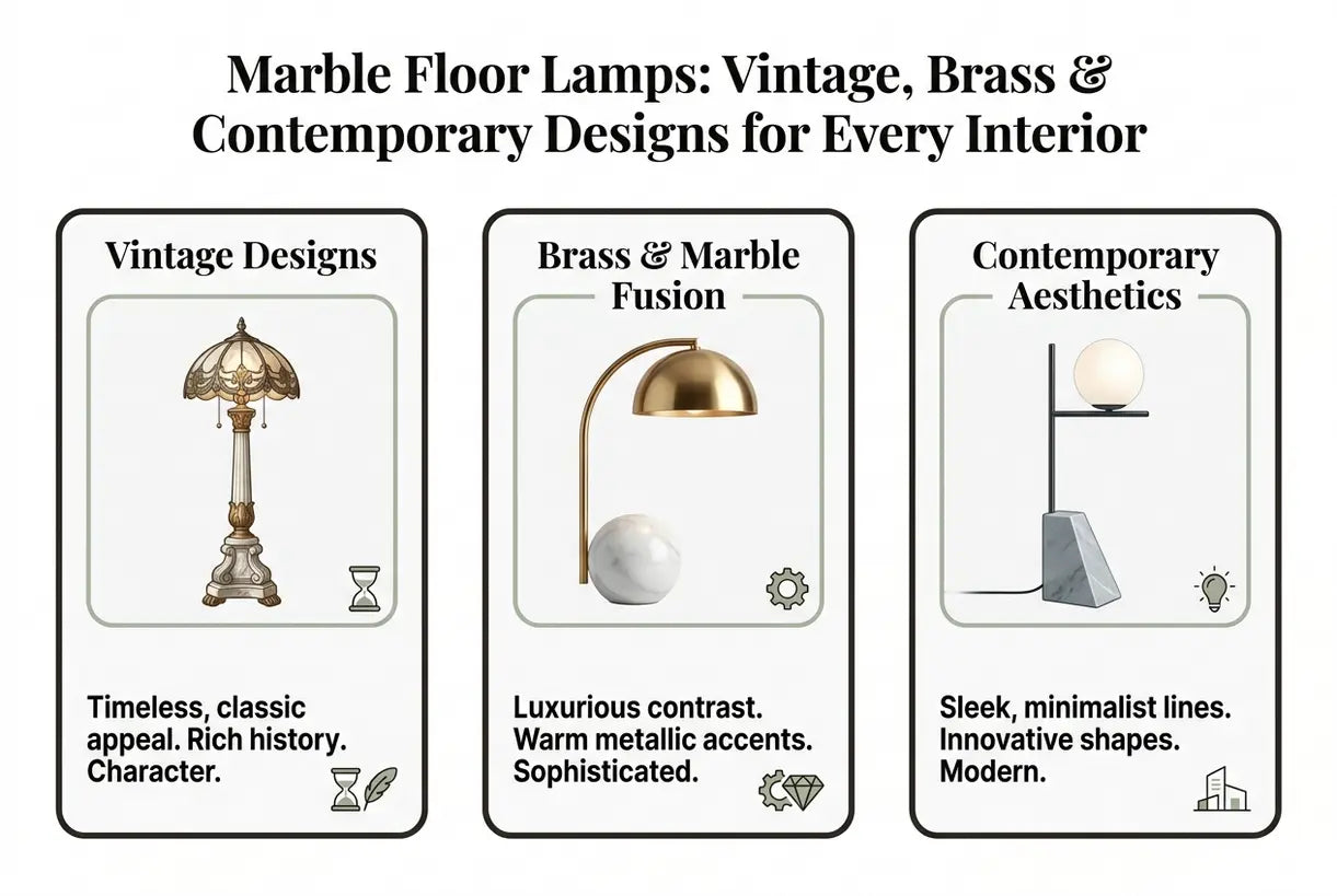 Marmeren vloerlampen: Vintage, messing en eigentijdse ontwerpen voor elk interieur - infographic