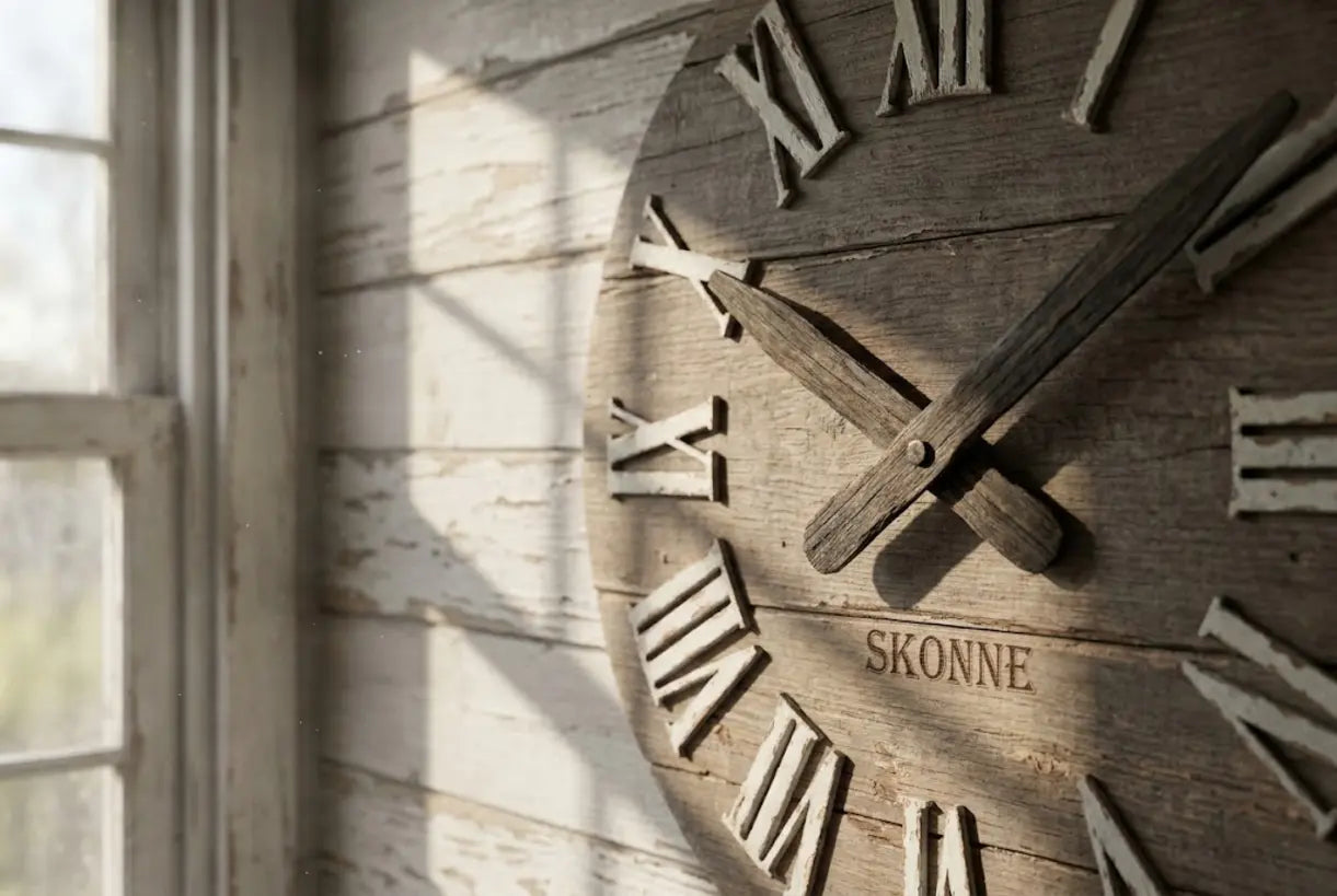 Close-up of rustic farmhouse wall clock with weathered wood and Roman numerals