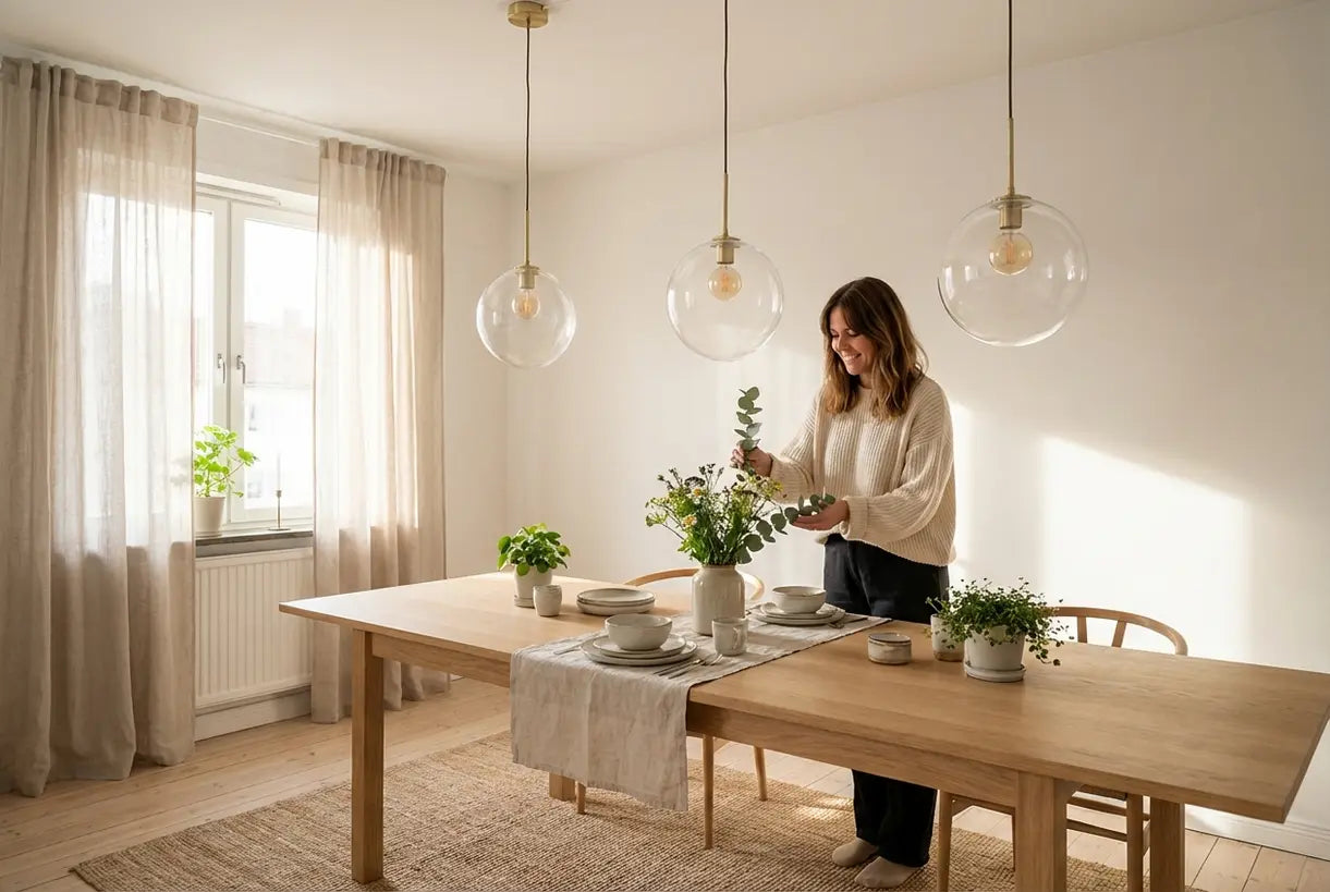 Scandinavian dining room with three spherical globe pendant lights over natural wood table
