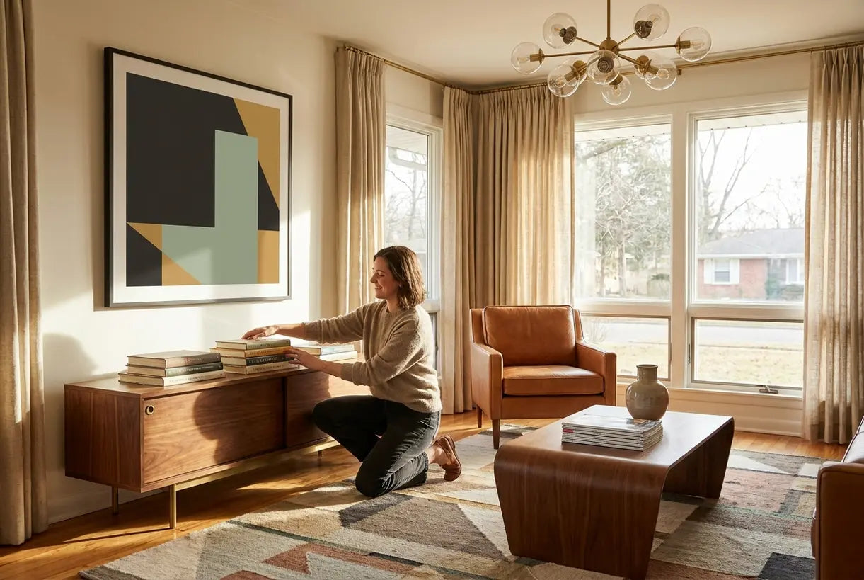 Mid-century modern living room interior with warm wood furniture, cognac leather seating, and sculptural lighting