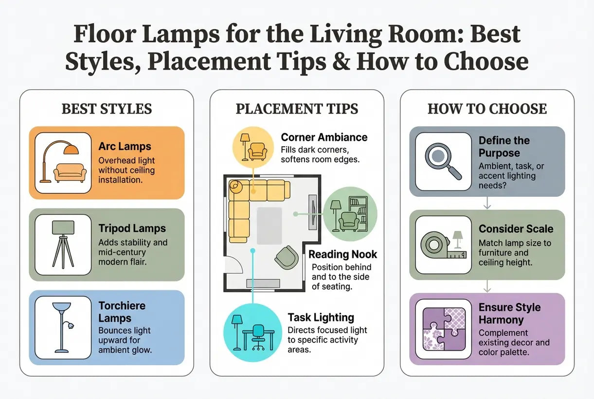 Vloerlampen voor de woonkamer: de beste stijlen, tips voor de plaatsing en zo maak je de juiste keuze - infographic