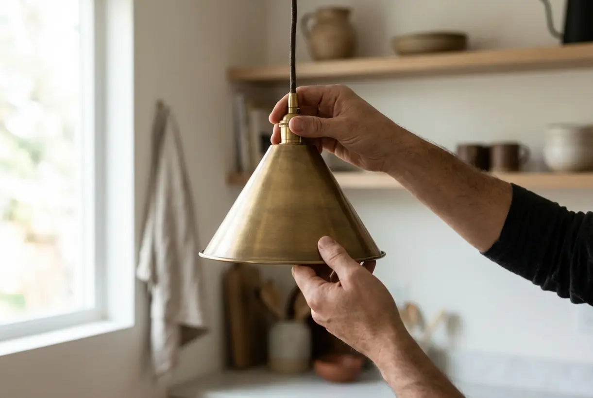 Handen die messing conische pendellampenkamp in Scandinavische keuken aanpassen