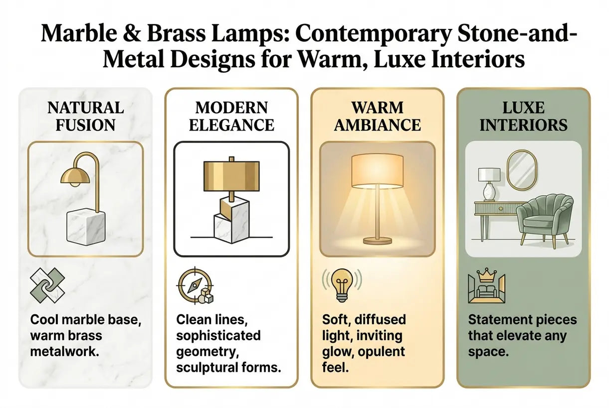 Marmeren & Messing Lampen: Hedendaagse Steen-en-Metaal Ontwerpen voor Warme, Luxueuze Interieurs - infographic