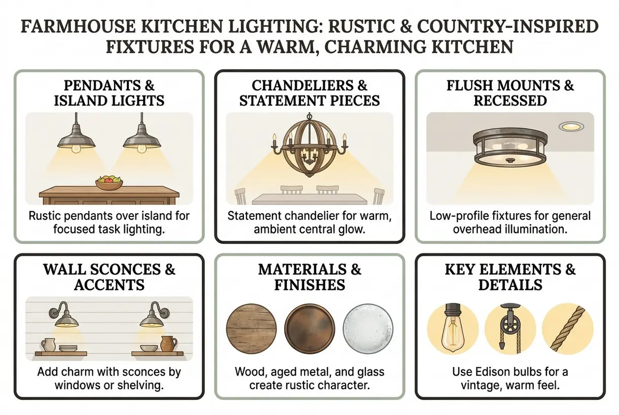 Farmhouse Kitchen Lighting: Rustic & Country-Inspired Fixtures for a Warm, Charming Kitchen - infographic