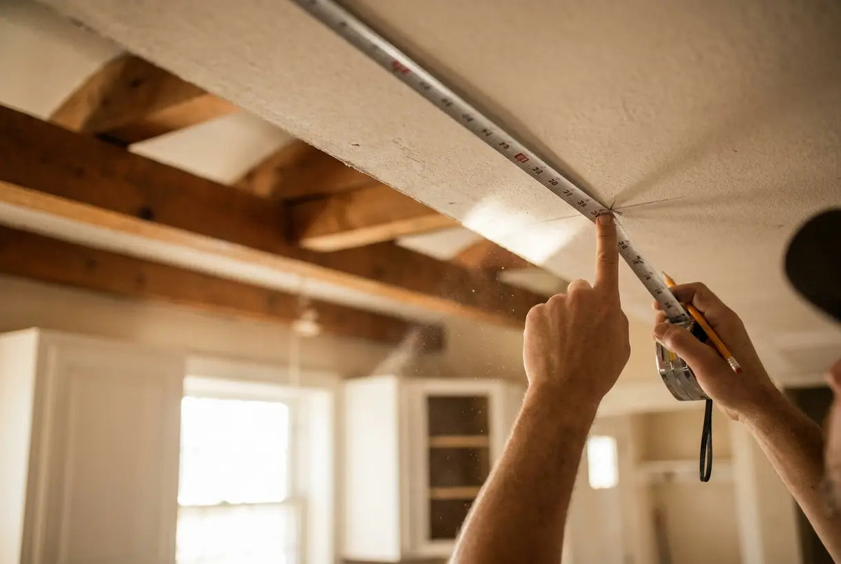 Measuring recessed kitchen lighting placement with tape measure on ceiling