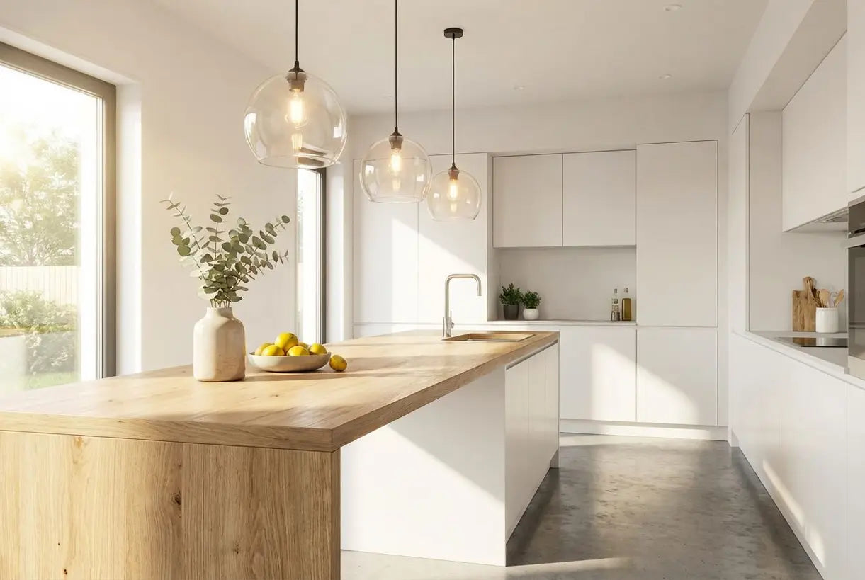 Moderne Kücheninsel mit drei Glas-Pendelleuchten