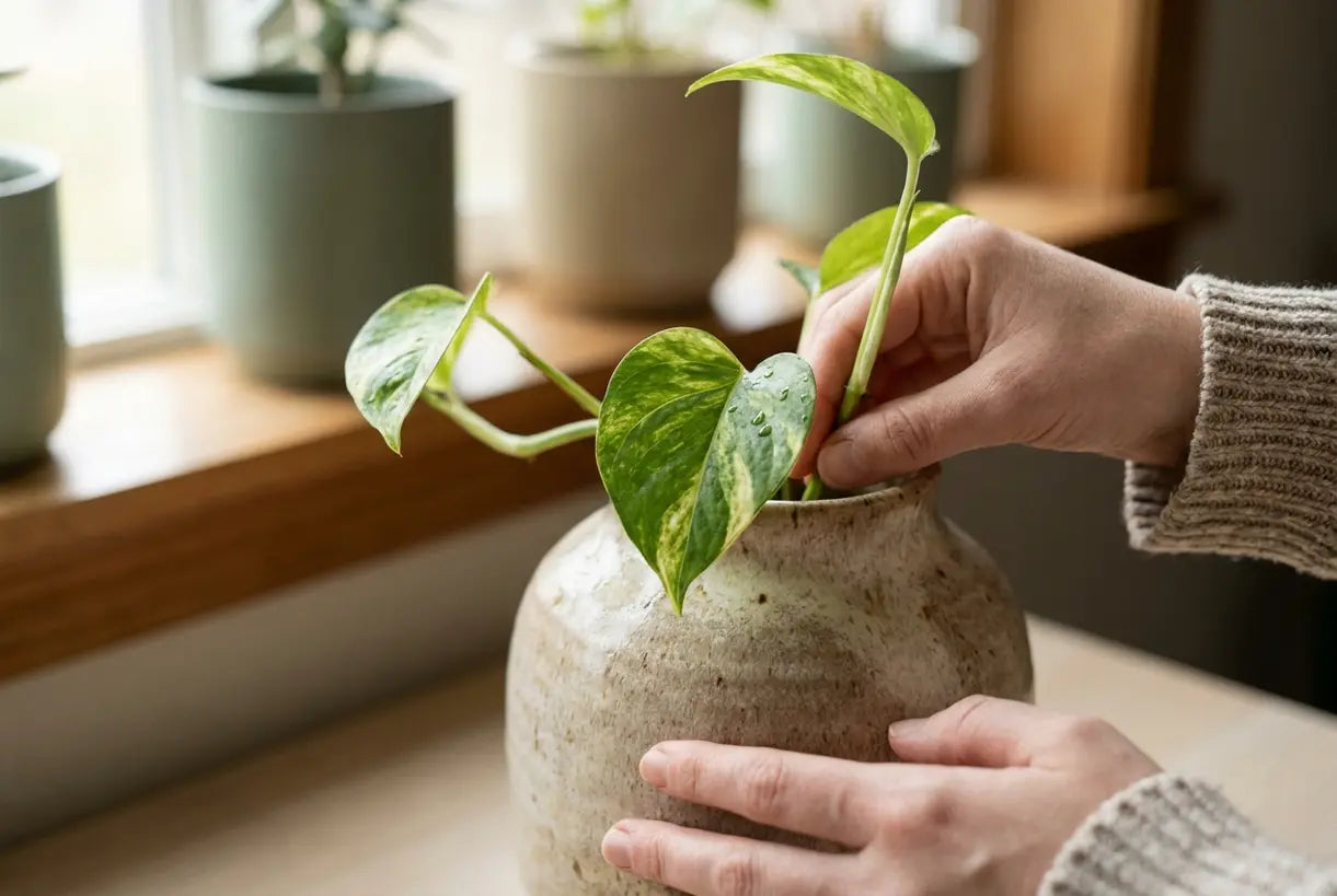 Hands styling a pothos plant in a handmade ceramic vase for home decor