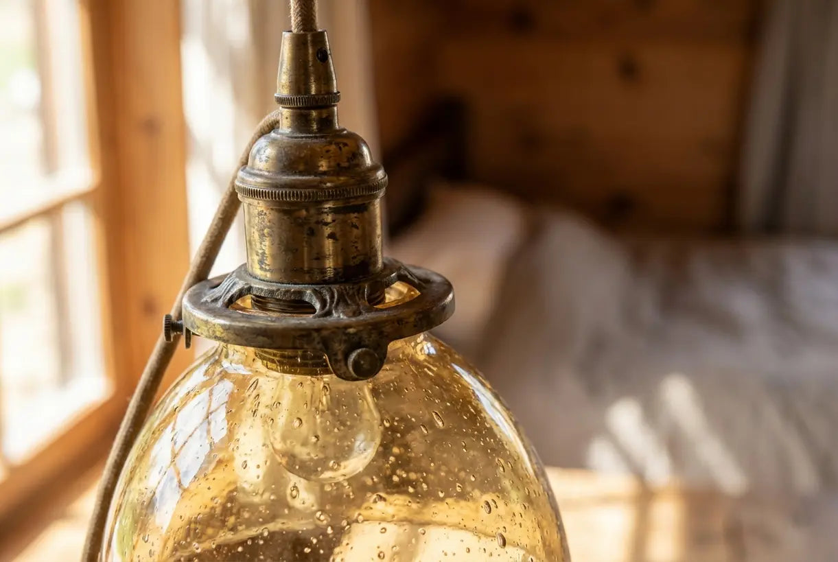 Close-up detail van vintage hanglamp met verouderd messing beslag en handgeblazen glas textuur