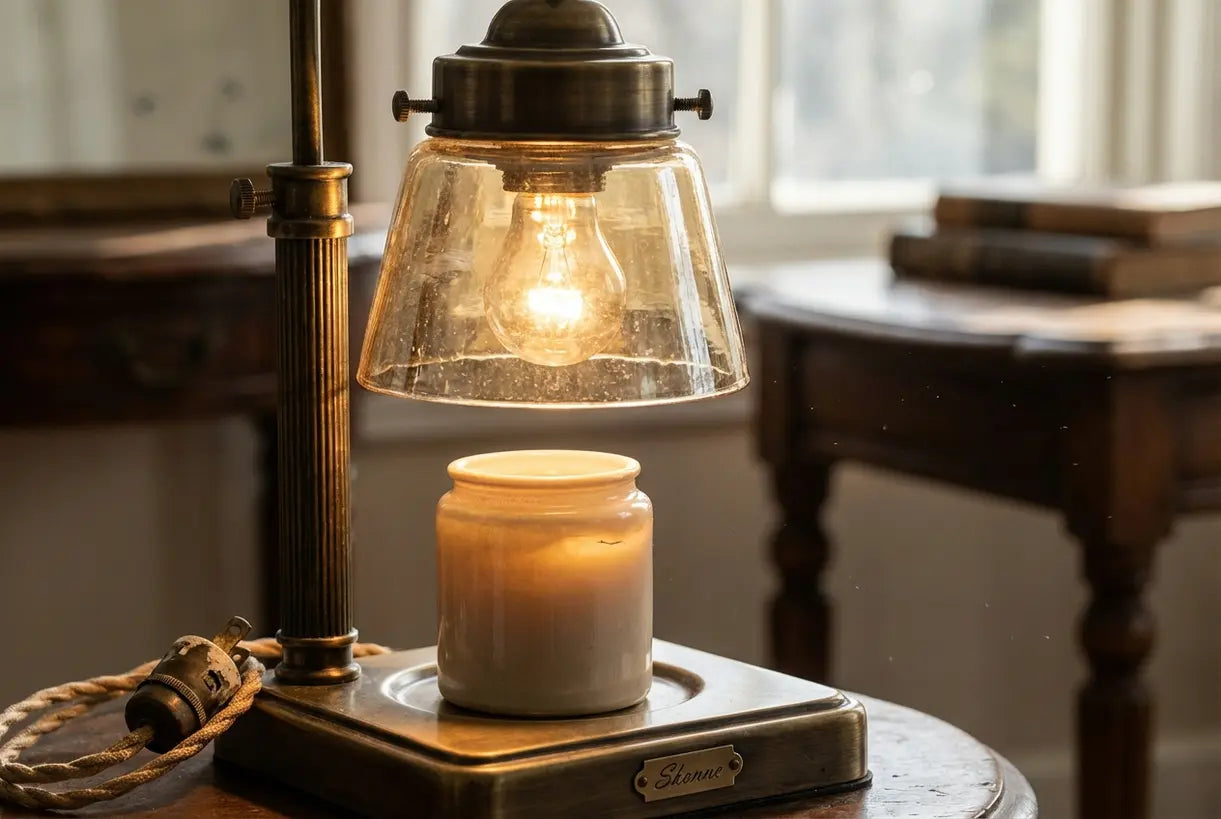 Vintage kaarsenwarmerlamp met verouderde messing details en een amberkleurige glazen gloed