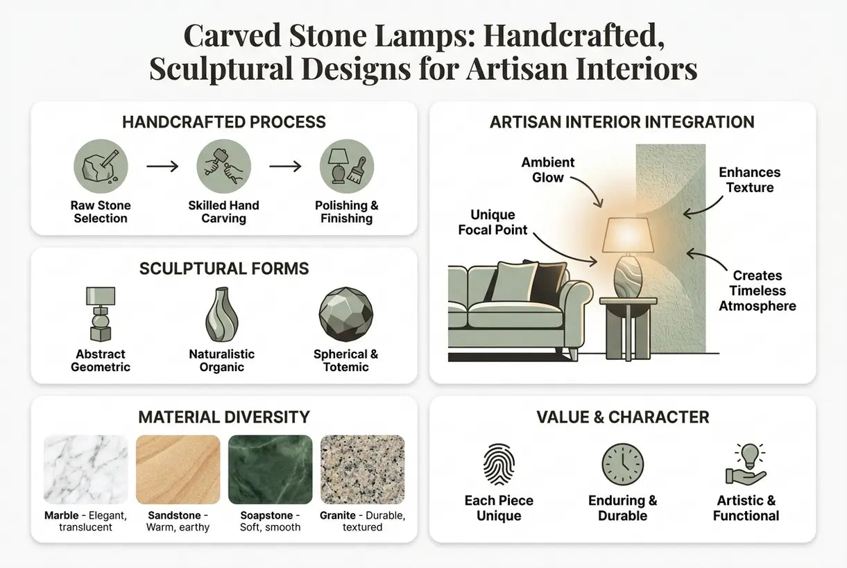 Geschnitzte Steinlampen: Handgefertigte, skulpturale Designs für kunstvolle Interieurs - Infografik