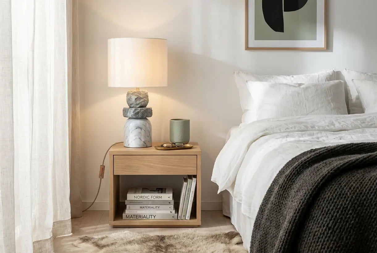 Marmeren tafellamp in een hoek van een Scandinavische slaapkamer met natuurlijke materialen en warm sfeerlicht
