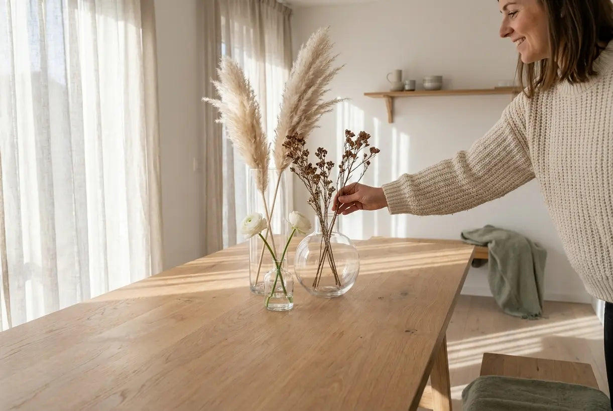 Scandinavian dining table with cluster of clear glass flower vases in natural afternoon light