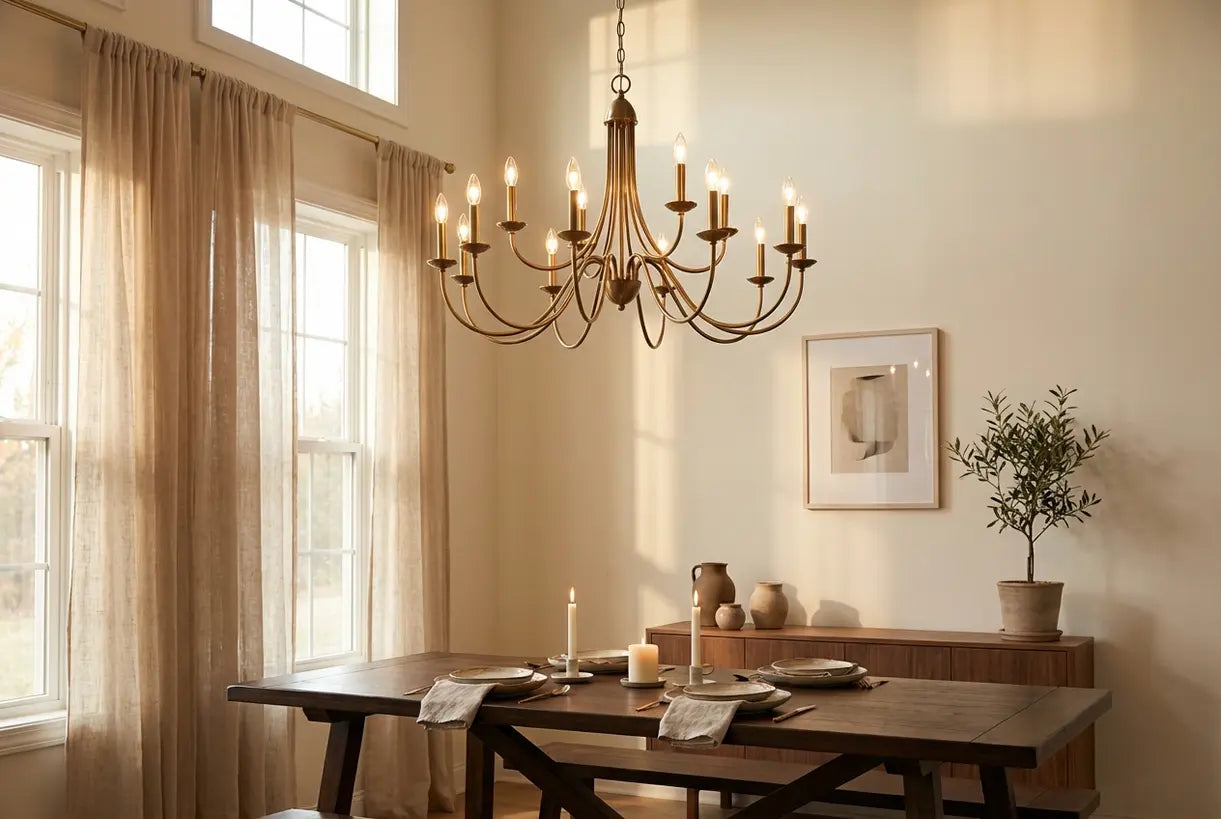 Elegante eetkamer met messing kroonluchter boven houten eettafel in overgangsinterieur