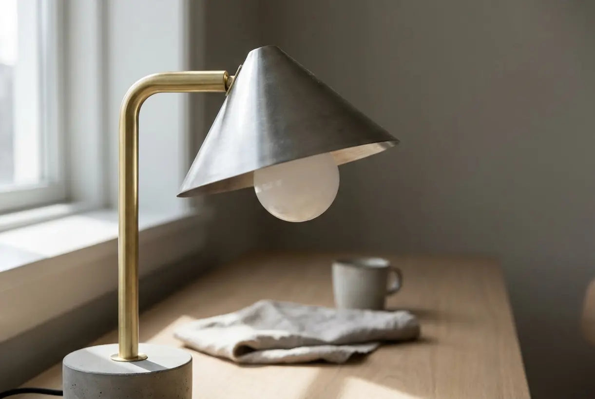 Bauhaus geometric table lamp with sculptural LED spheres and clean metal frame