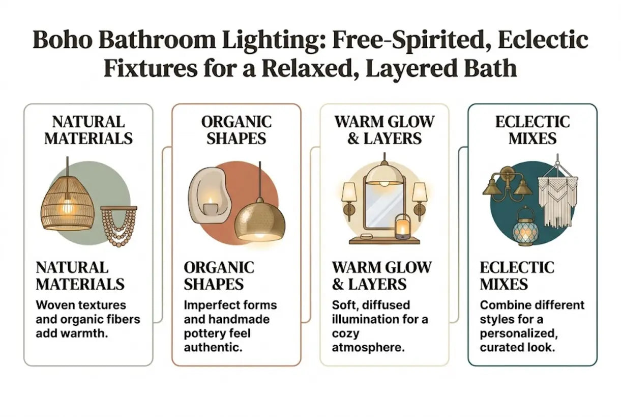 Boho Bathroom Lighting: Free-Spirited, Eclectic Fixtures for a Relaxed, Layered Bath - infographic