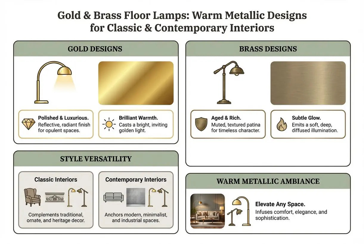 Gouden en messing vloerlampen: warme metalen ontwerpen voor klassieke en hedendaagse interieurs - infographic