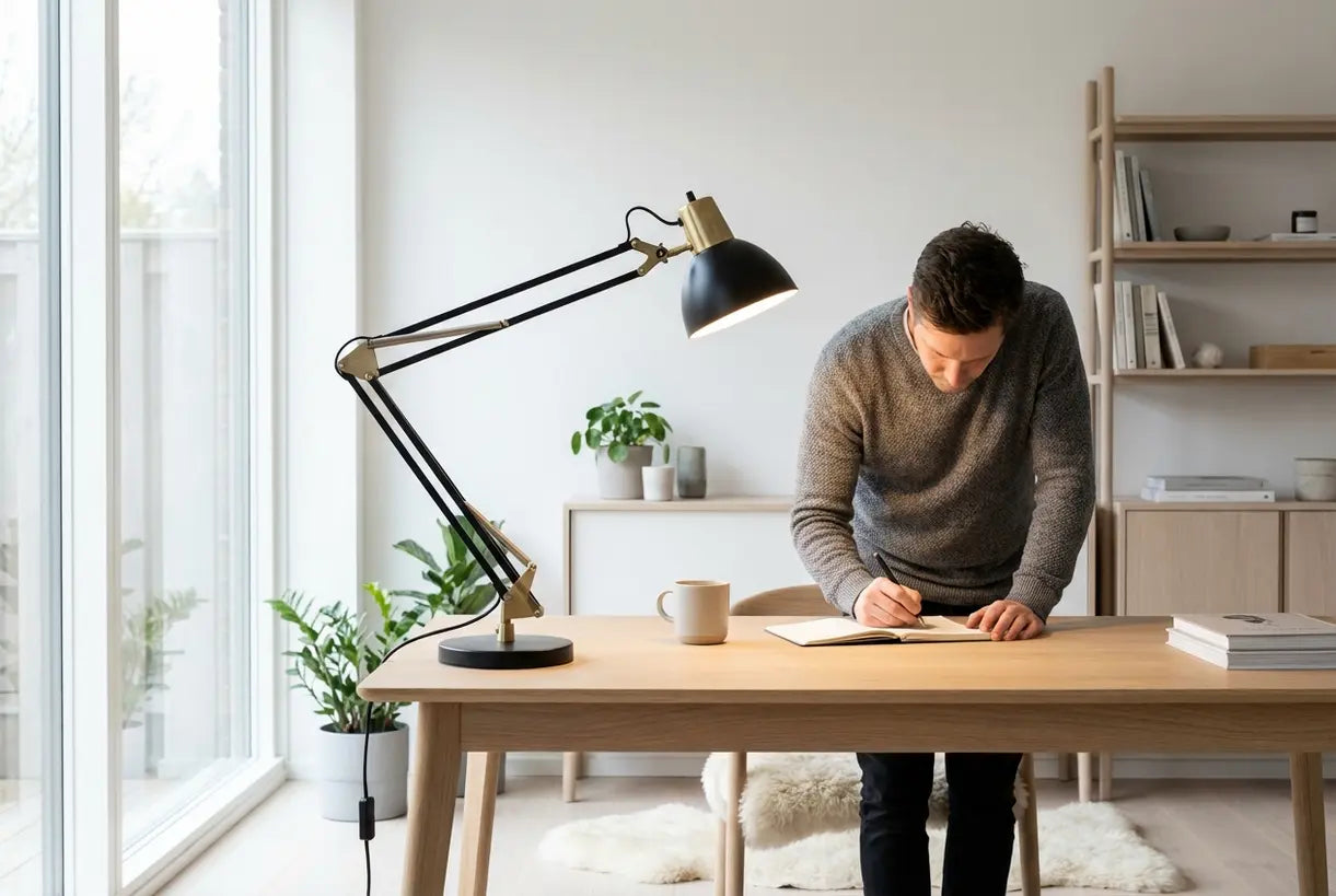 Modern thuiskantoor met verstelbare swingarm bureaulamp die taakverlichting biedt