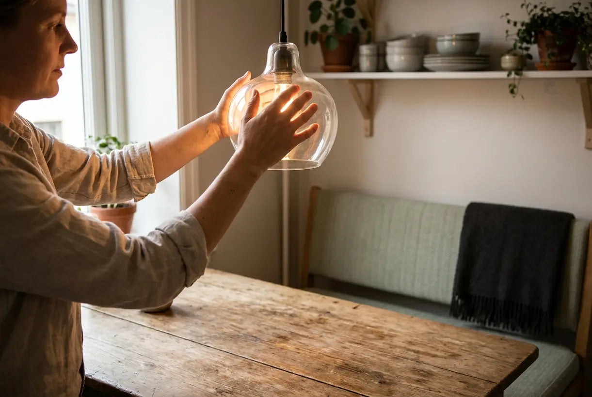 Hands adjusting a glass pendant light over a small dining table, demonstrating small dining room lighting ideas