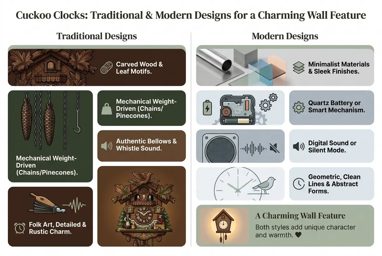 Koekoeksklokken: traditionele en moderne ontwerpen voor een charmante muurversiering - infographic