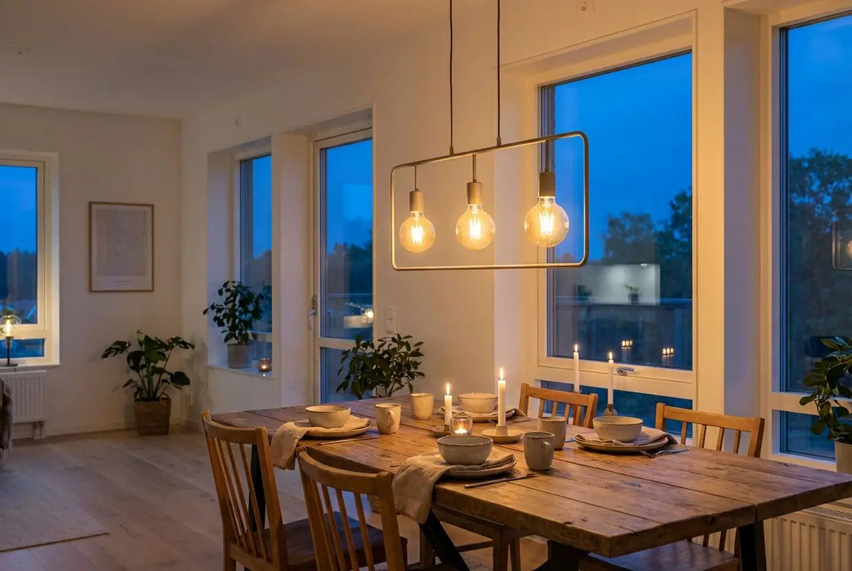 Scandinavische eetkamer met warme LED-hanglampen die een gezellige sfeer creëren