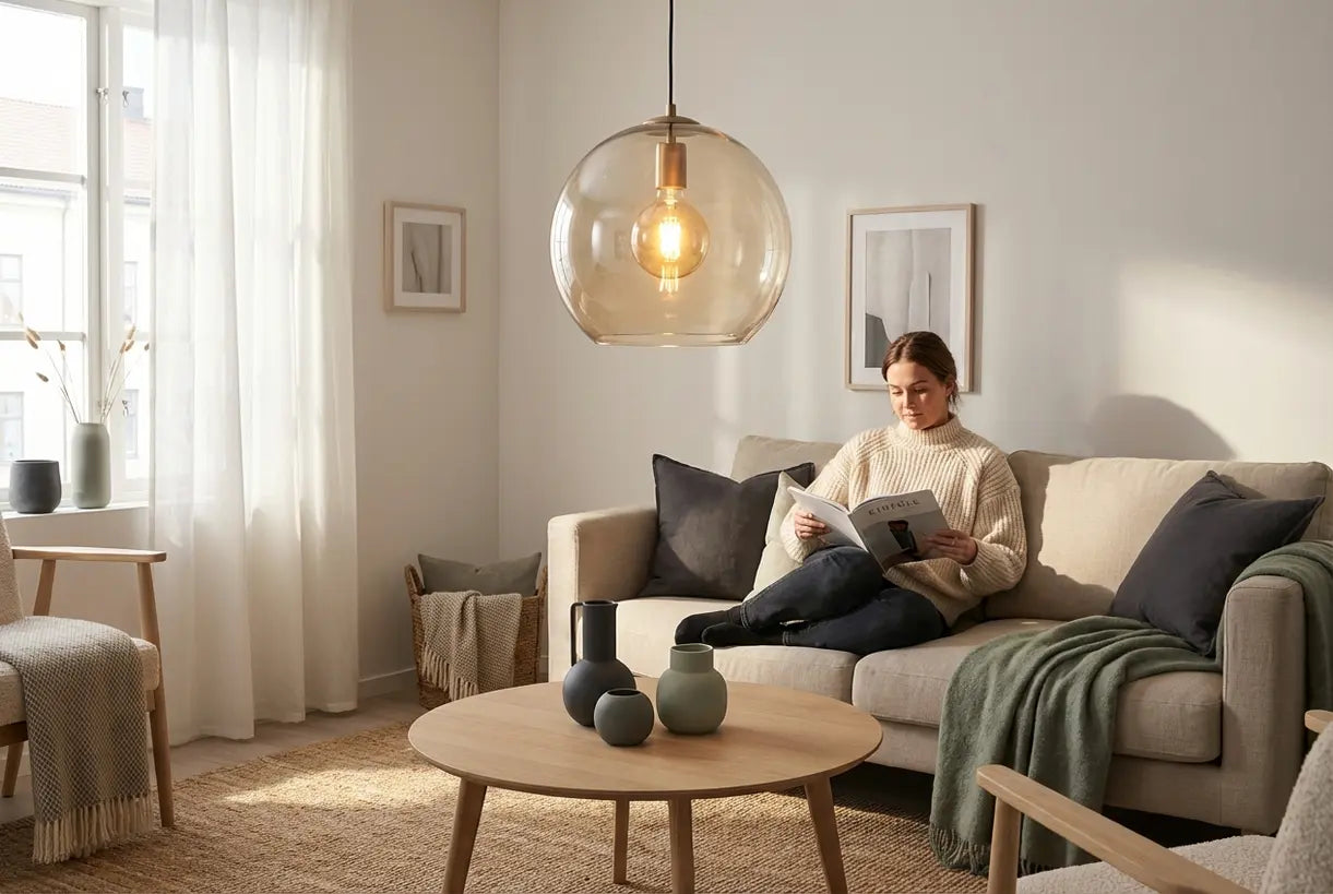 Scandinavische woonkamer met hanglamp die een warme sfeer creëert