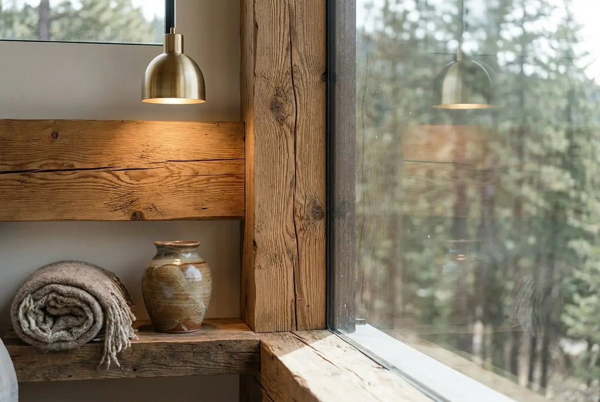 Handcrafted wooden textures and glass elements with warm brass pendant light in modern mountain interior design