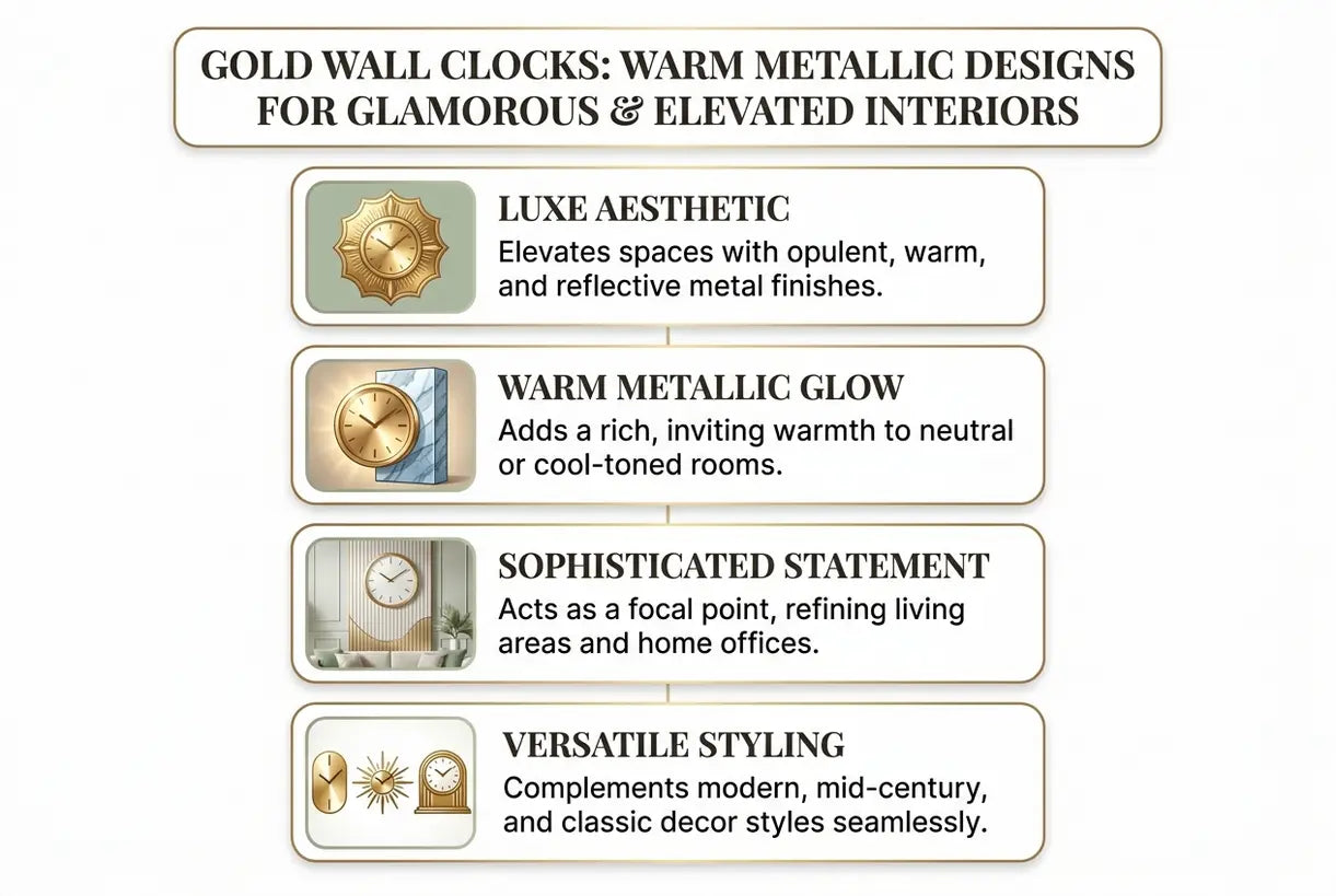Gouden wandklokken: warme metalen ontwerpen voor een glamoureus en verfijnd interieur - infographic