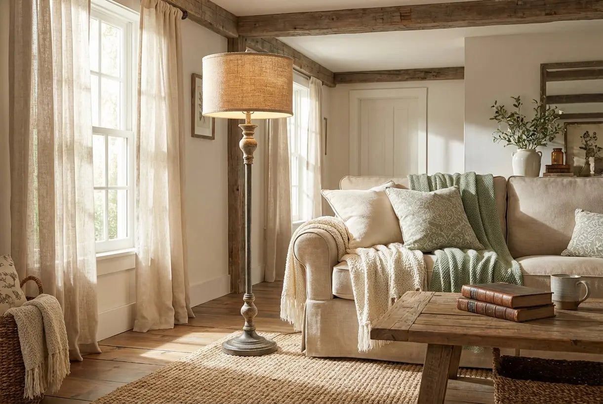 Farmhouse woonkamerinterieur met rustiek-moderne vloerlamp, gezellige textiel en warme natuurlijke verlichting