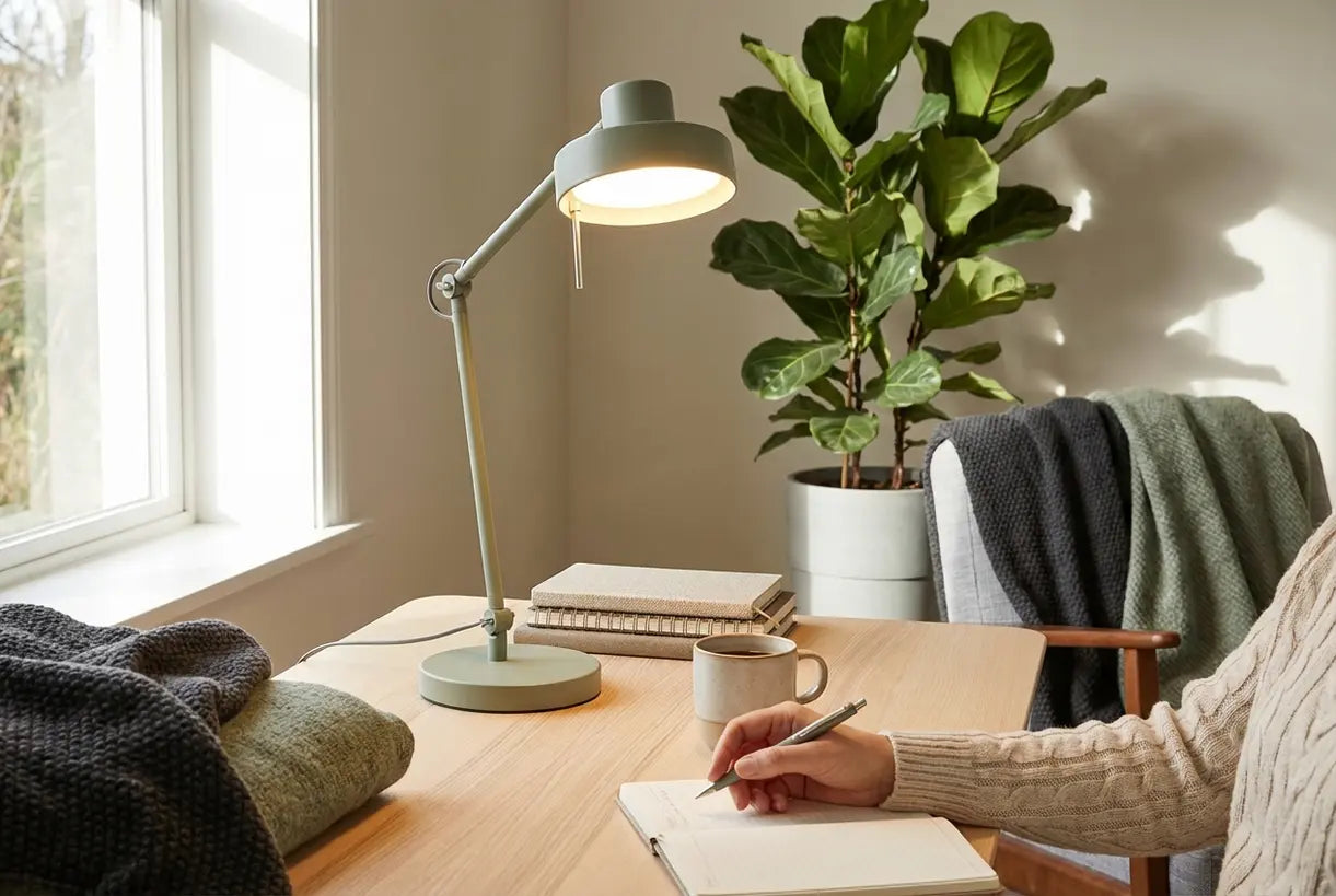 Moderne thuiswerkplek met een energiezuinige led-bureaulamp