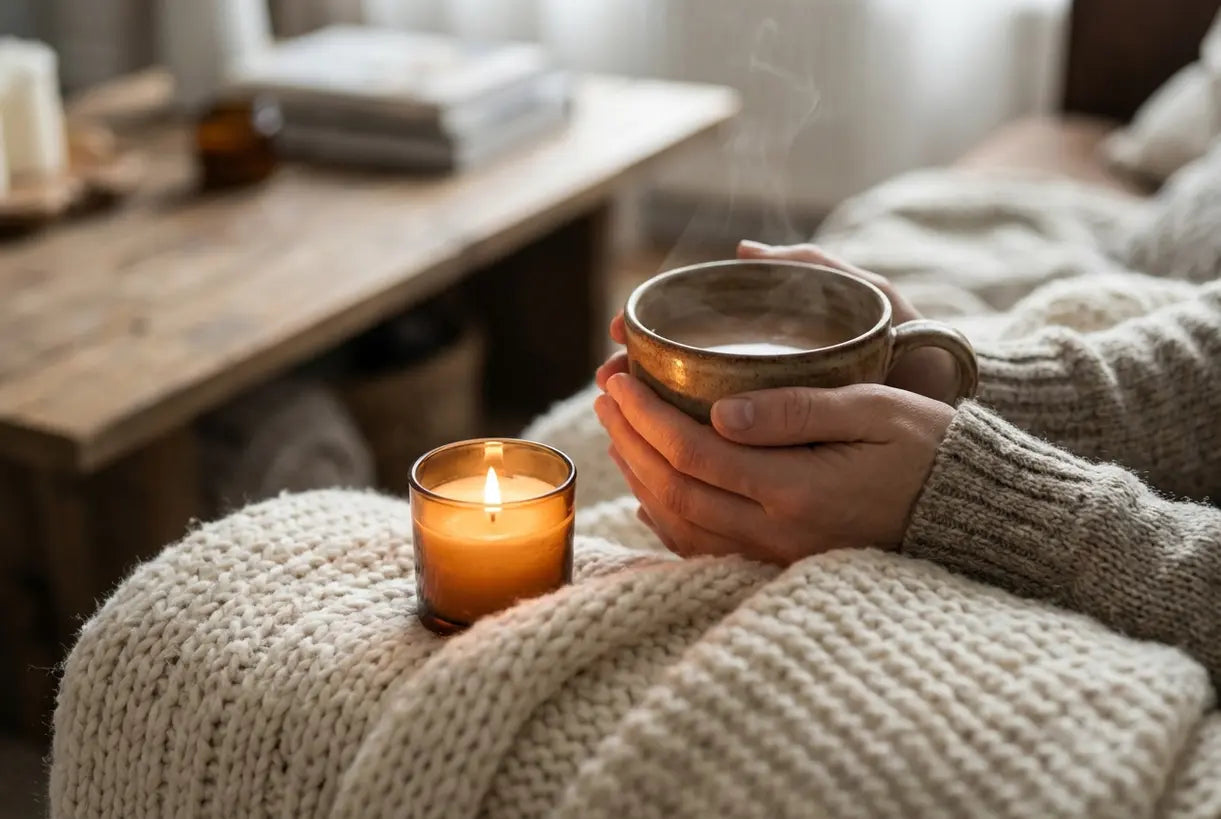 Gezellige hygge-decorscène met handen die warme mok vasthouden en gloed van kaarslicht