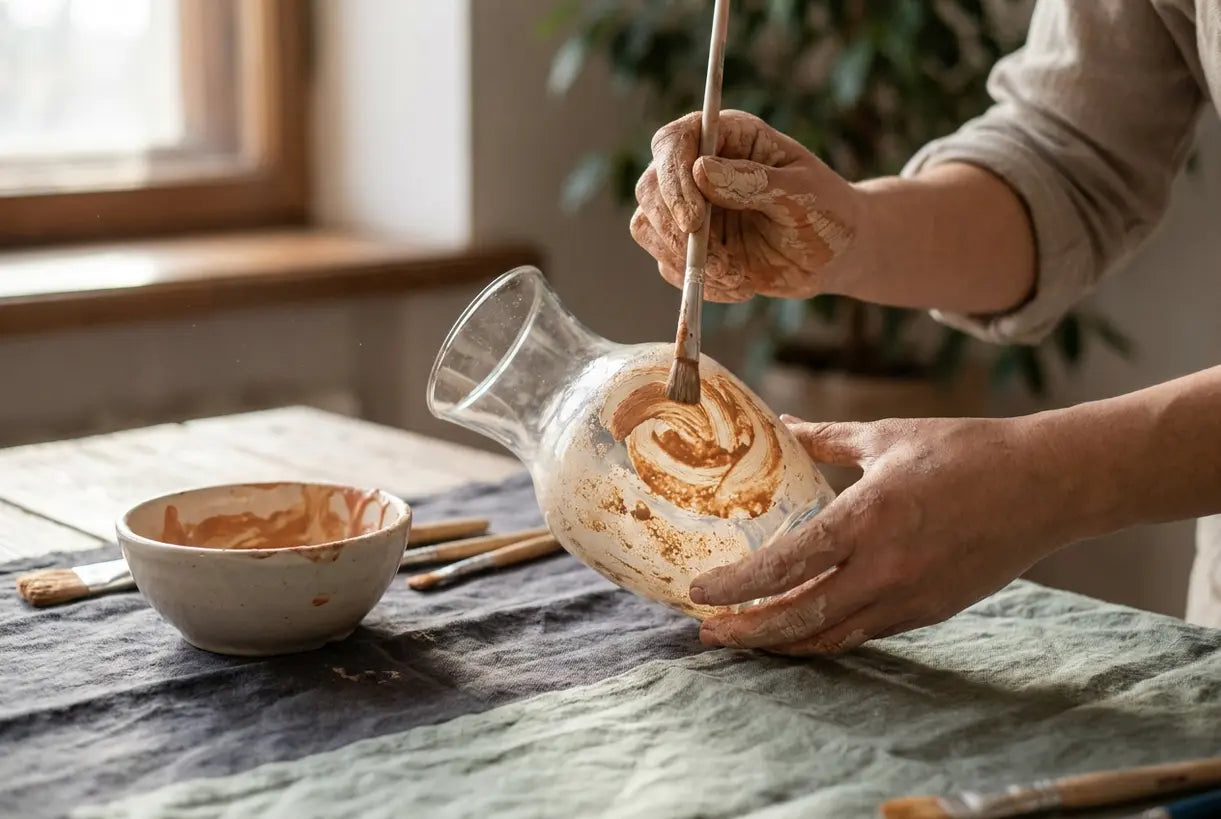 Hands applying textured paint to create DIY faux ceramic vase