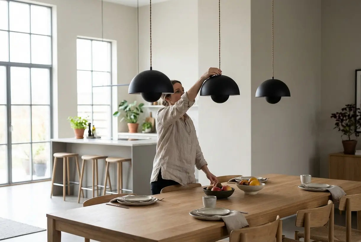 Black pendant lights in modern Scandinavian dining room with natural light