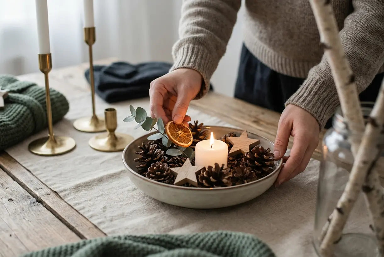 Close-up of warm glowing candlelight on minimalist Christmas table setting with evergreen sprigs