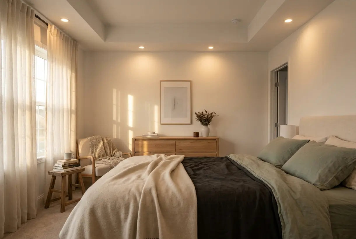 Scandinavian bedroom with recessed lighting creating warm ambient atmosphere