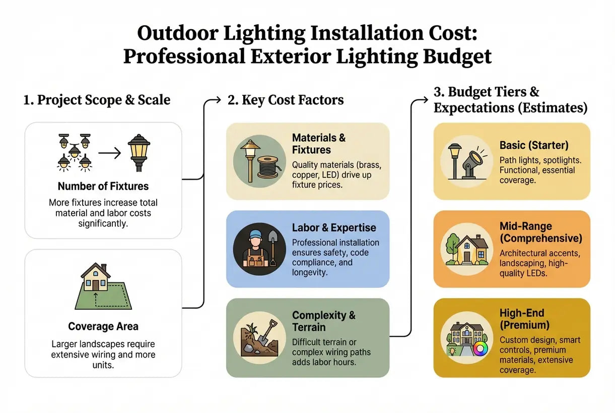Kosten van buitenverlichting laten installeren: welk budget je nodig hebt voor professionele buitenverlichting - infographic