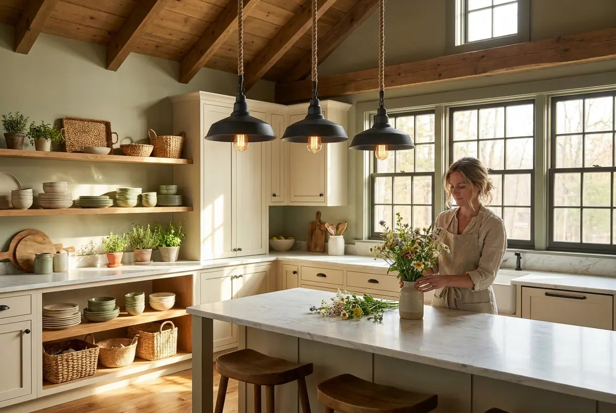 Modern farmhouse kitchen with pendant lights over island, natural lighting and rustic decor elements