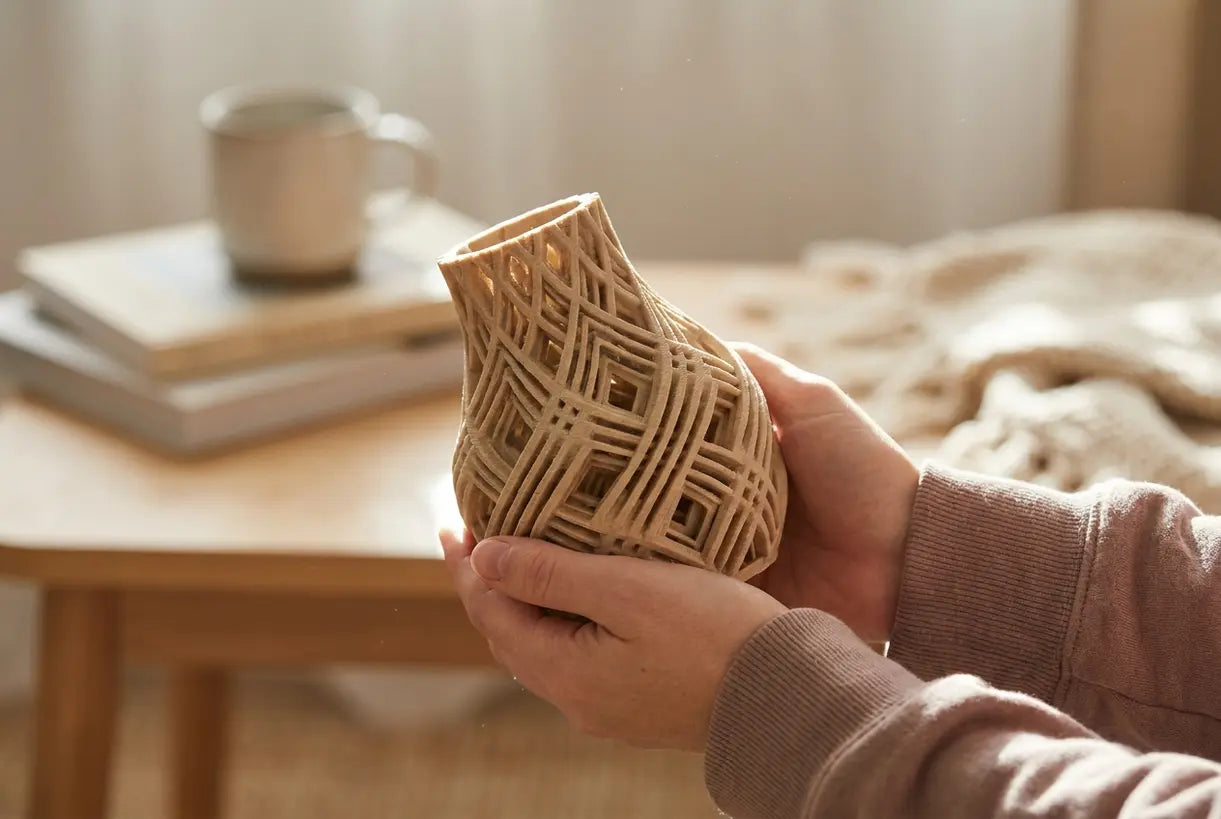 Hands holding geometric 3D printed vase with intricate lattice patterns in modern Scandinavian interior