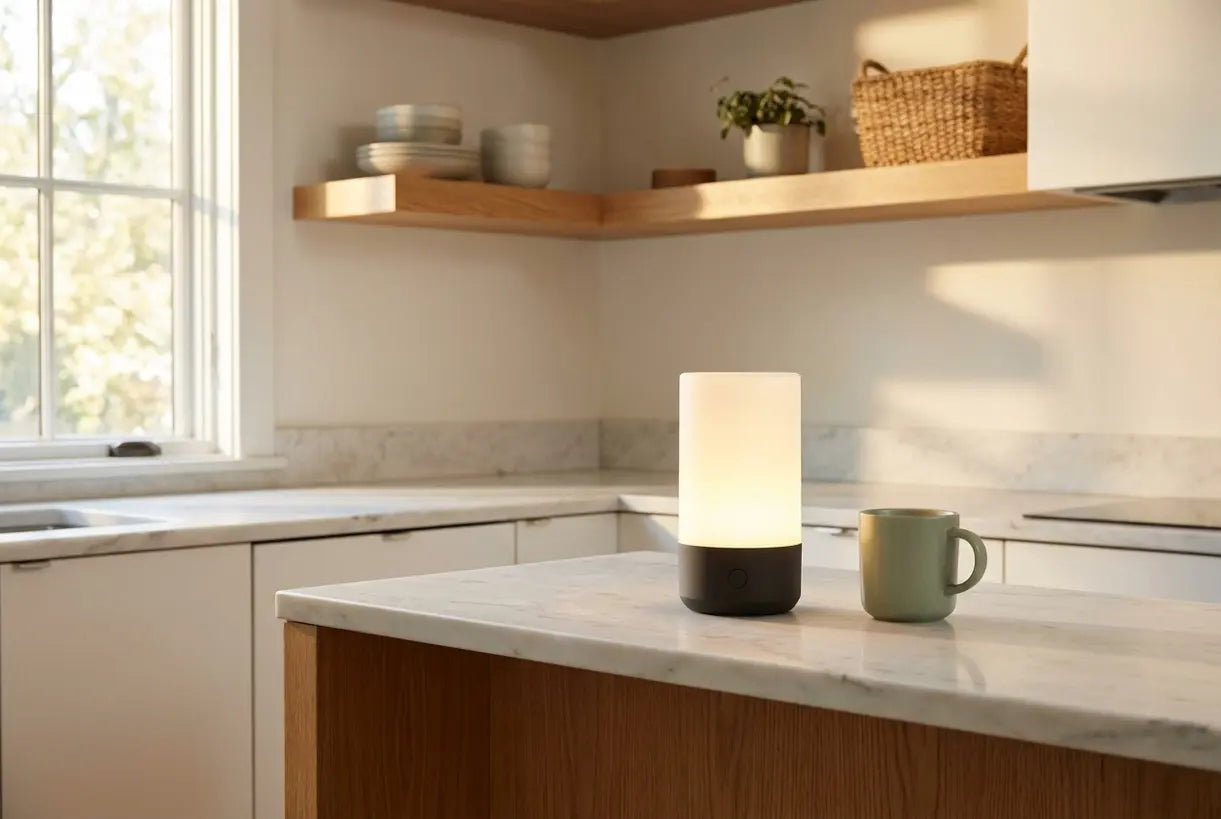 Scandinavische draadloze lamp op keukenplank met warme sfeervolle gloed
