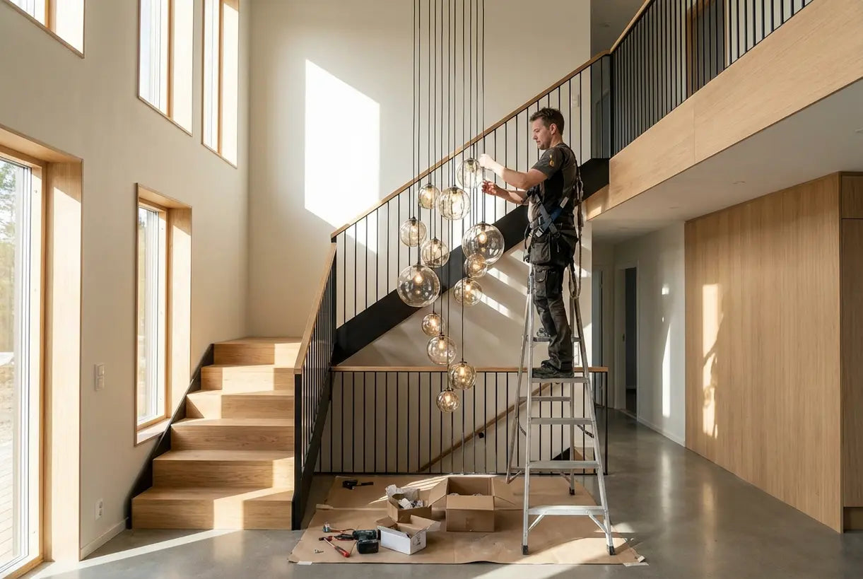 Moderne trap met hanglampen in een ruimte over twee verdiepingen