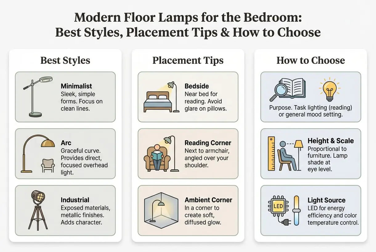 Moderne vloerlampen voor de slaapkamer: de beste stijlen, tips voor de plaatsing en zo maak je de juiste keuze - infographic