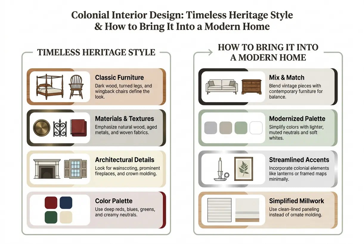 Colonial Interior Design: Timeless Heritage Style & How to Bring It Into a Modern Home - infographic