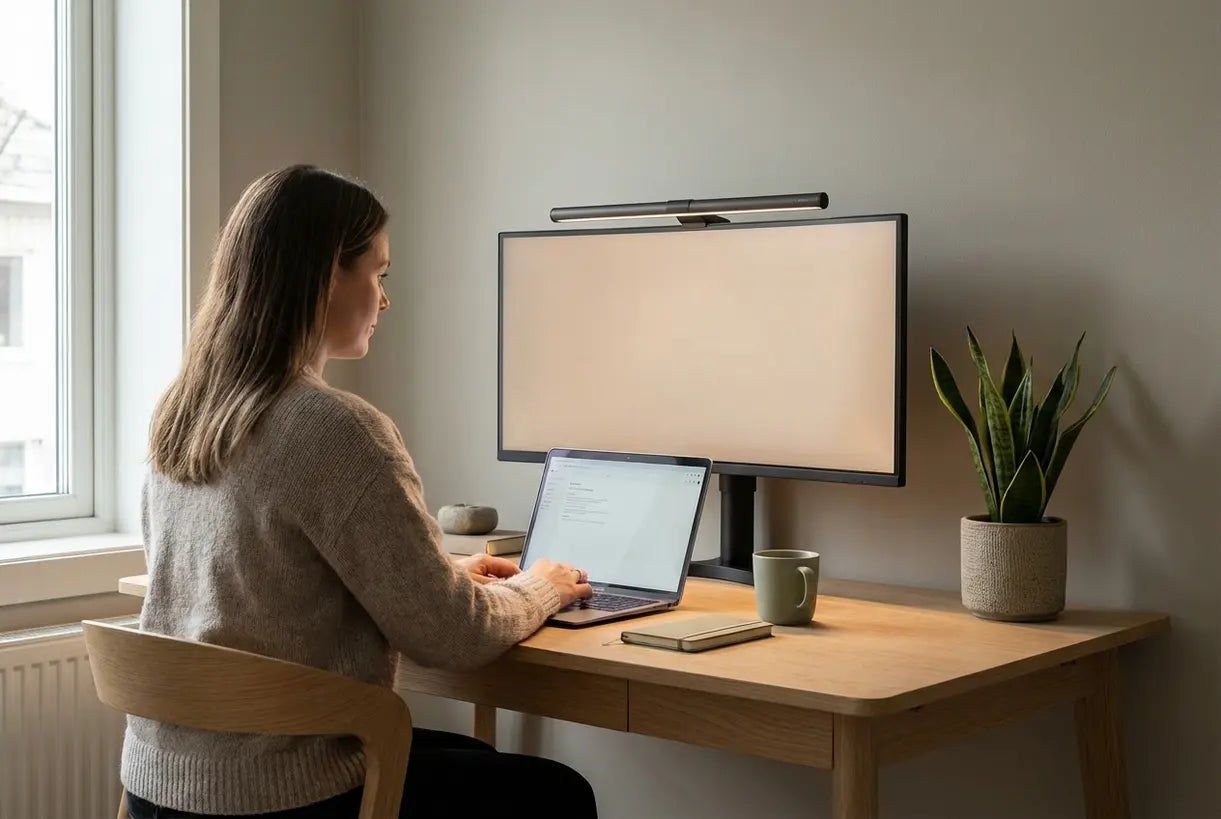 Scandinavische werkplek met monitorlichtbalkopstelling