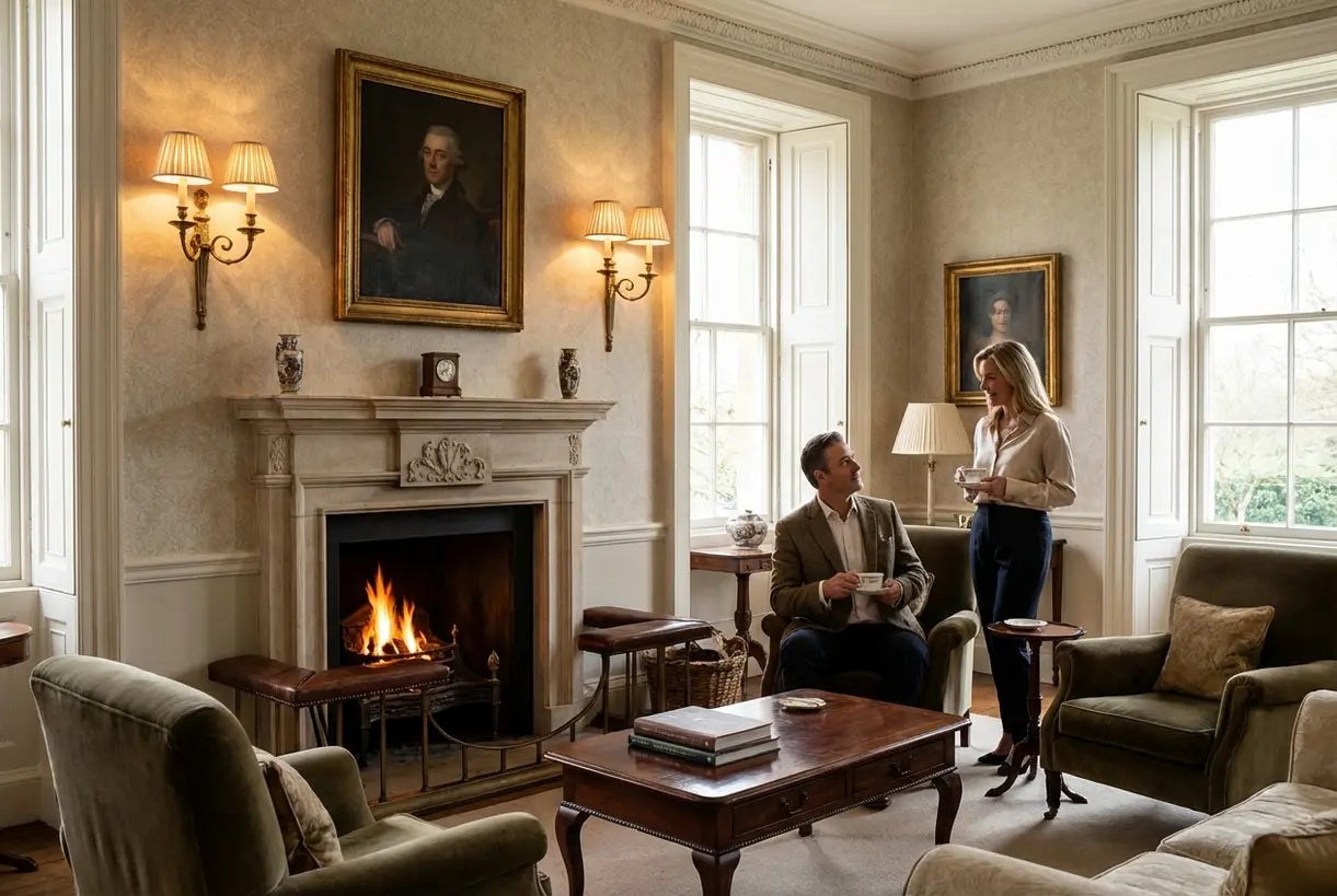 Elegante formele woonkamer met traditionele wandlampen die een warme, verfijnde sfeer creëren