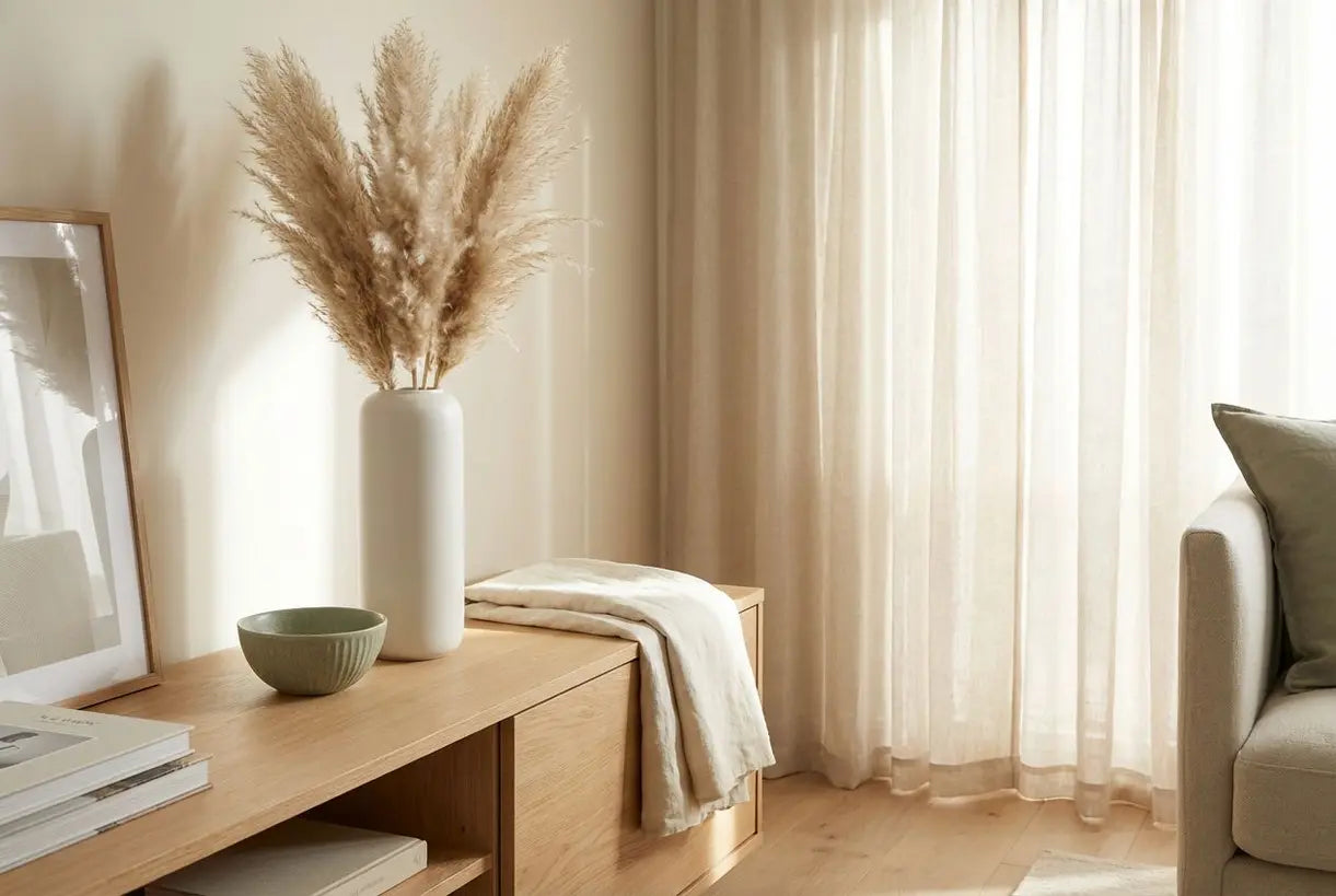 Minimalistisches skandinavisches Interieur mit zylindrischer Keramikvase